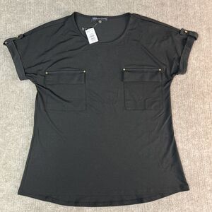 NEW Adrienne Vittadini Women’s Shirt sz S Black Stretch Knit Scoop Neck Gold Pkt